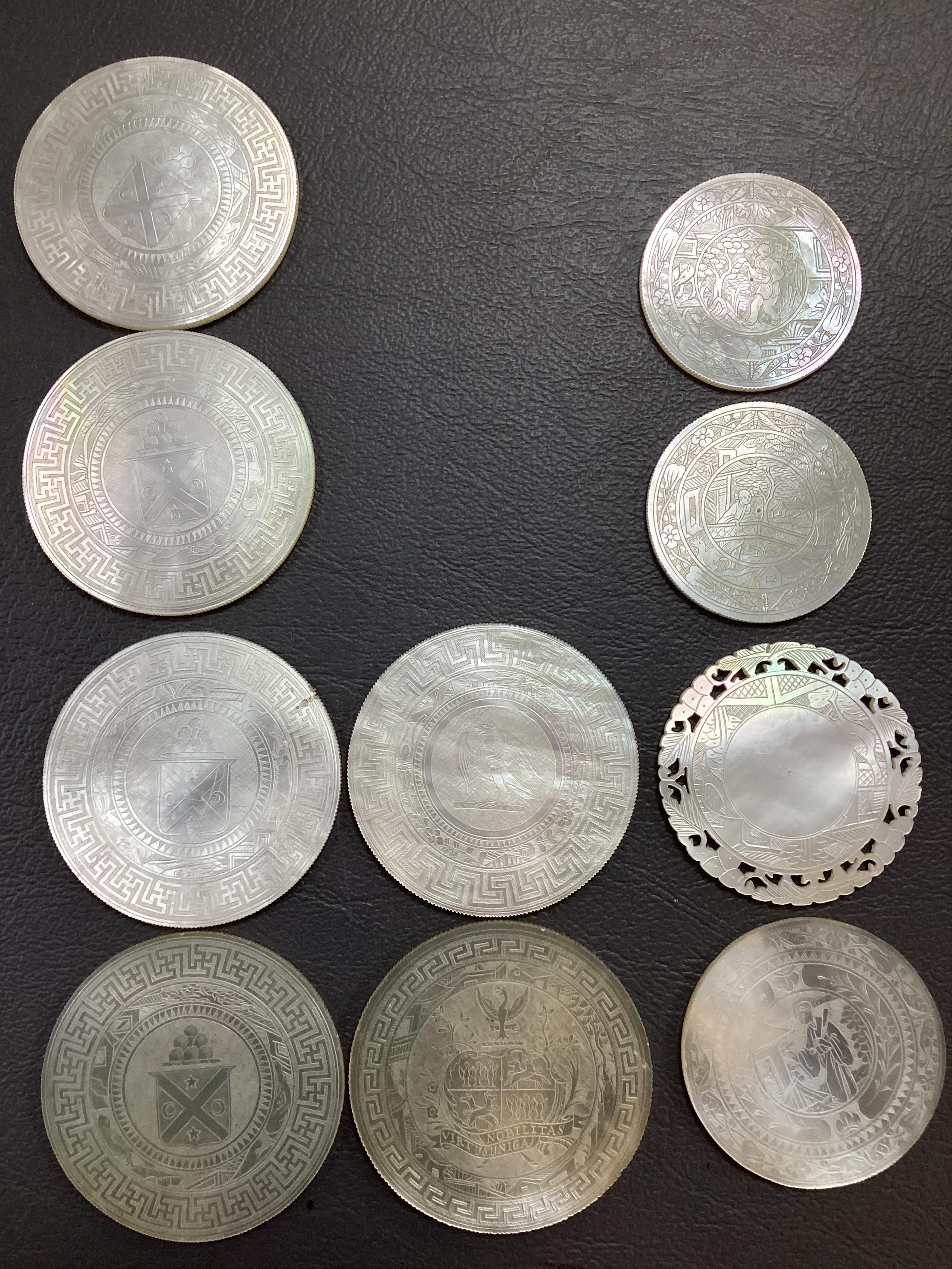 Two Chinese gilt decorated black lacquer games boxes, containing numerous mother-of-pearl counters, 19th century